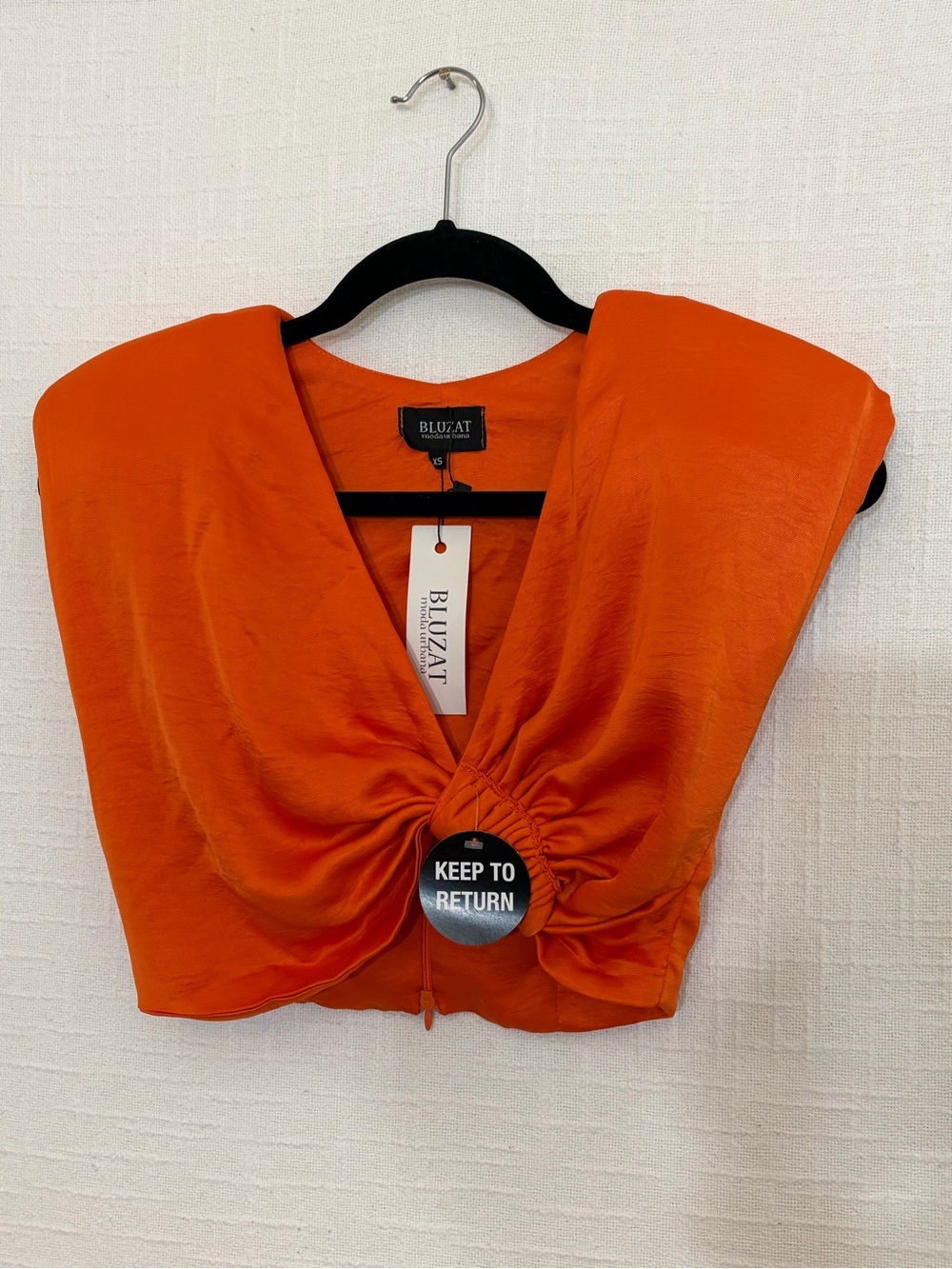 BLUZAT Orange Solid V-Neck Ruched Zip Cropped Sleeveless Blouse Women’s XS